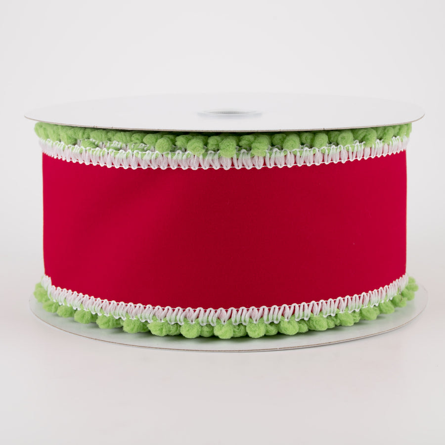 2.5" Red Velvet with Green Ball Edge Ribbon (10 Yards)