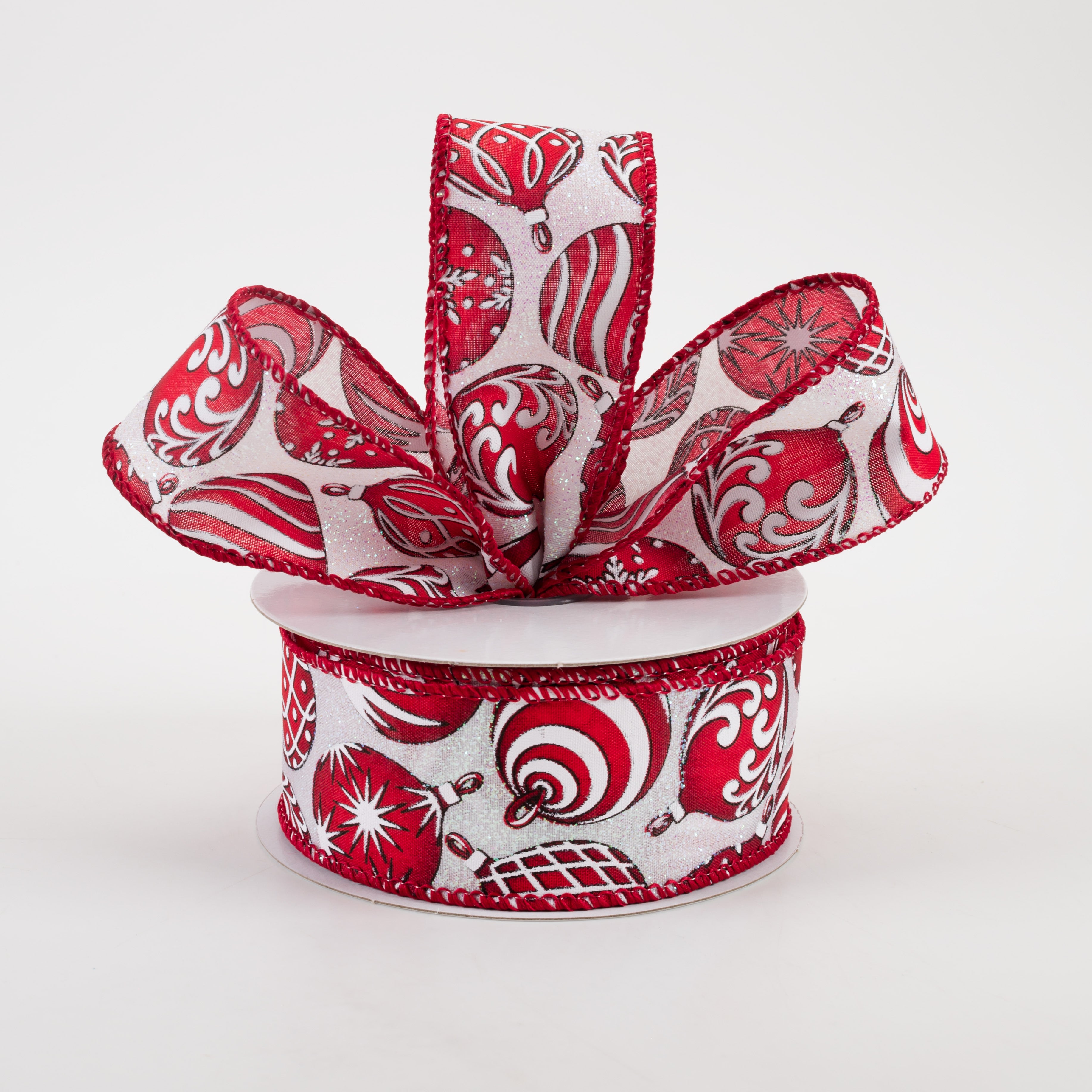 1.5" Red & White Ornaments on Iridescent Ribbon (10 yards) Lifestyle Photo