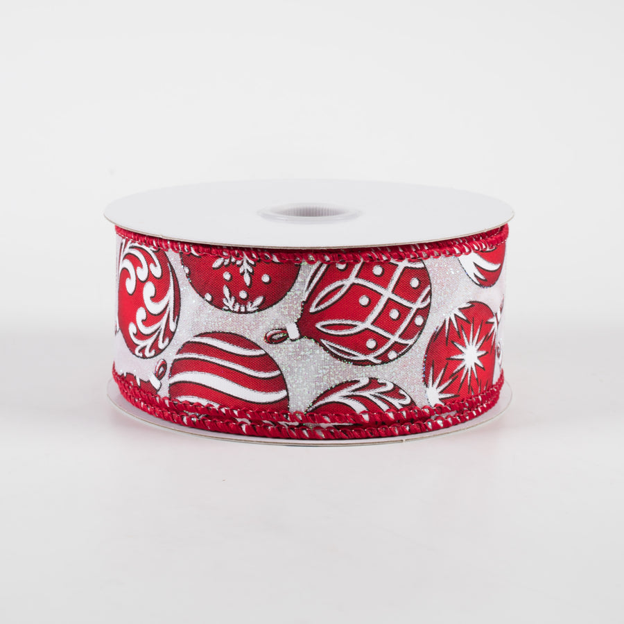 1.5" Red & White Ornaments on Iridescent Ribbon (10 yards)