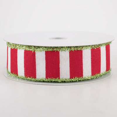 1.5" Red & White Wide Strips Ribbon With Green Tinsel Edge (10 Yards) Item Number: 71116-09-29