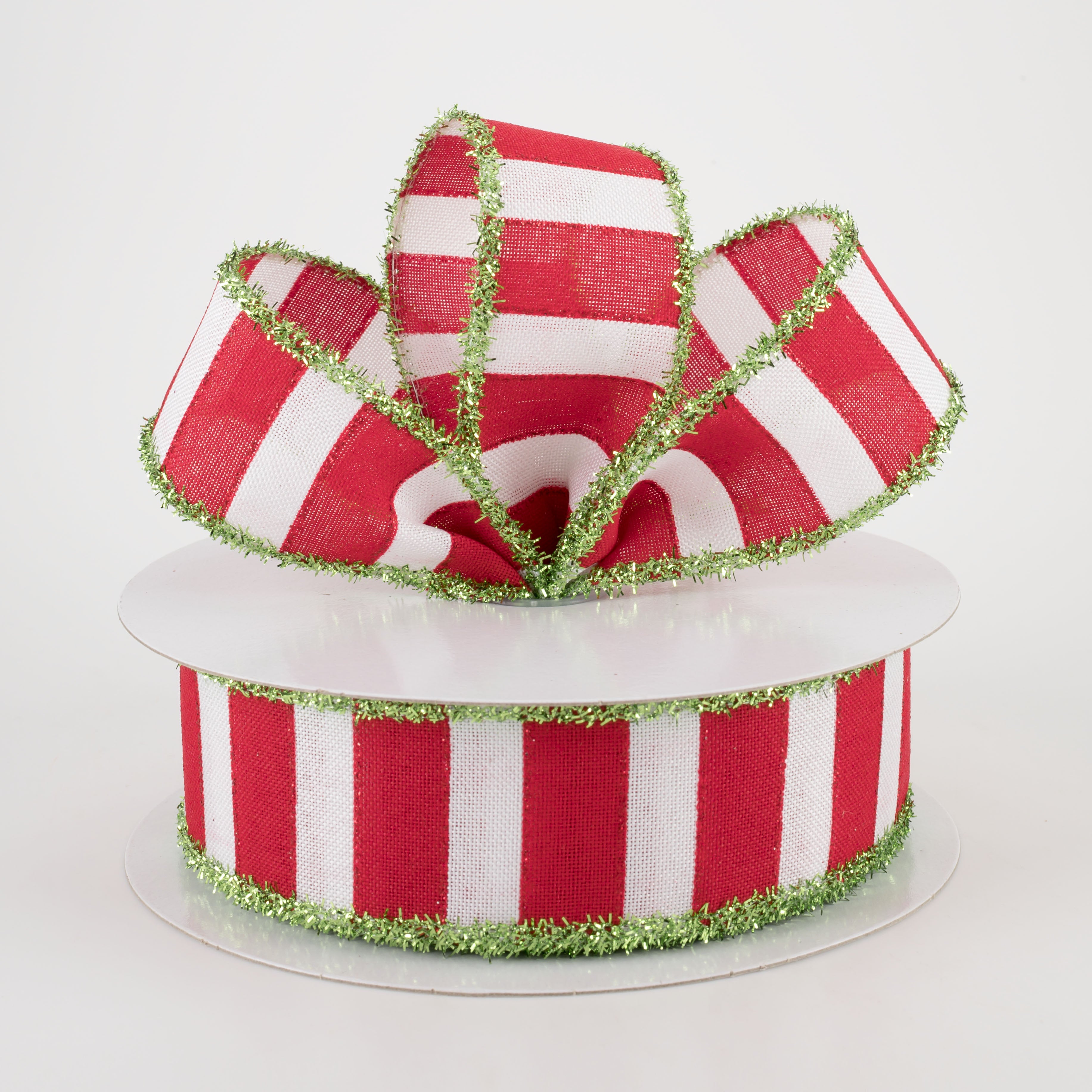 1.5" Red & White Wide Strips Ribbon With Green Tinsel Edge (10 Yards) Lifestyle Photo