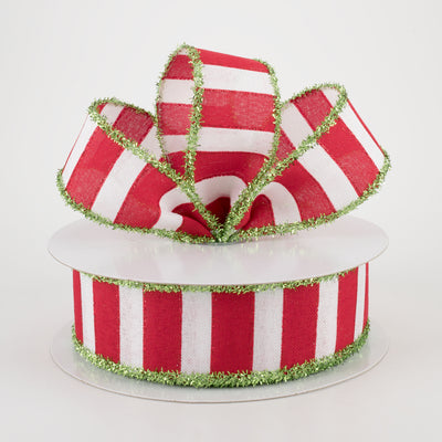 1.5" Red & White Wide Strips Ribbon With Green Tinsel Edge (10 Yards) Lifestyle Photo