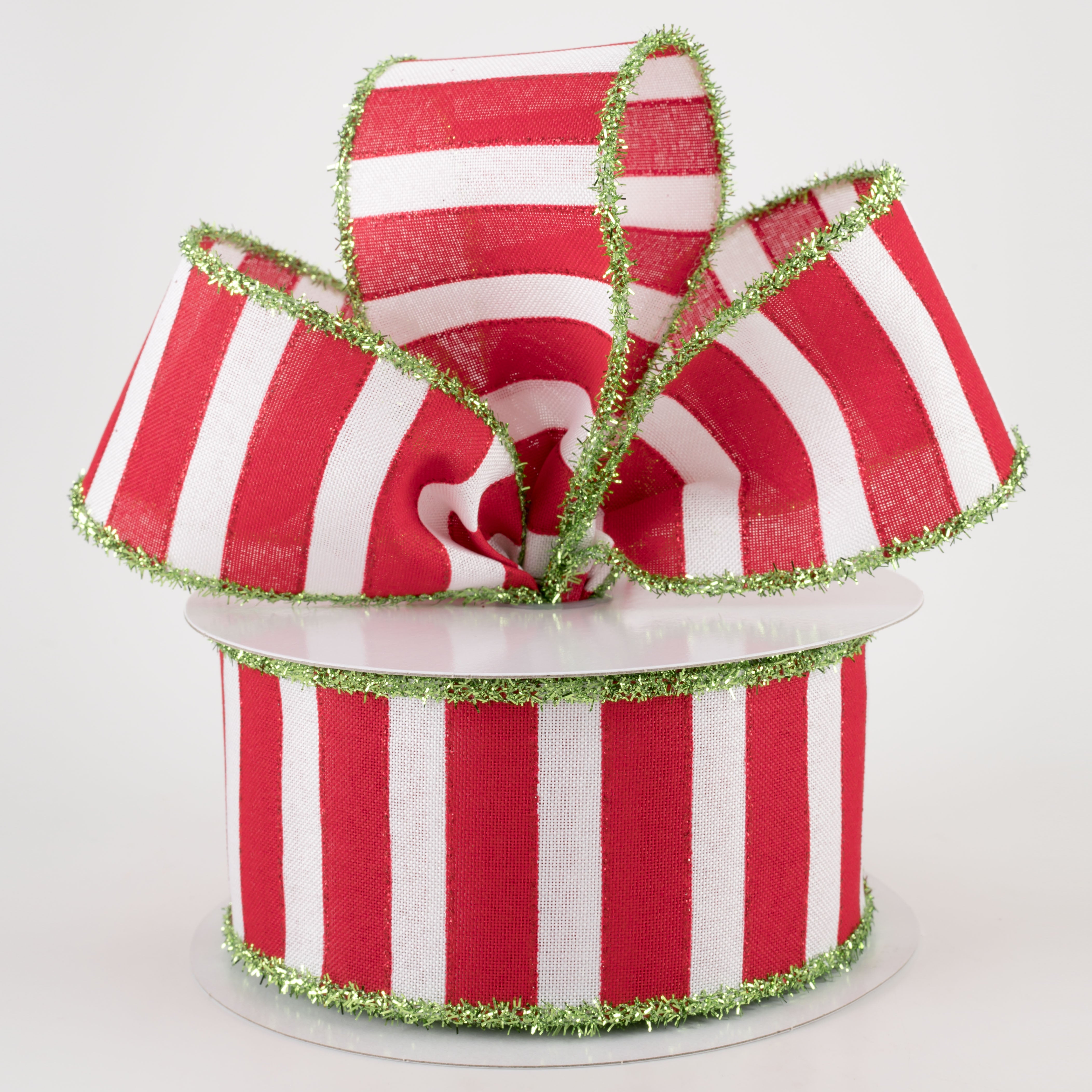 2.5" Red & White Wide Strips Ribbon W Green Tinsel Edge (10 Yards) Lifestyle Photo
