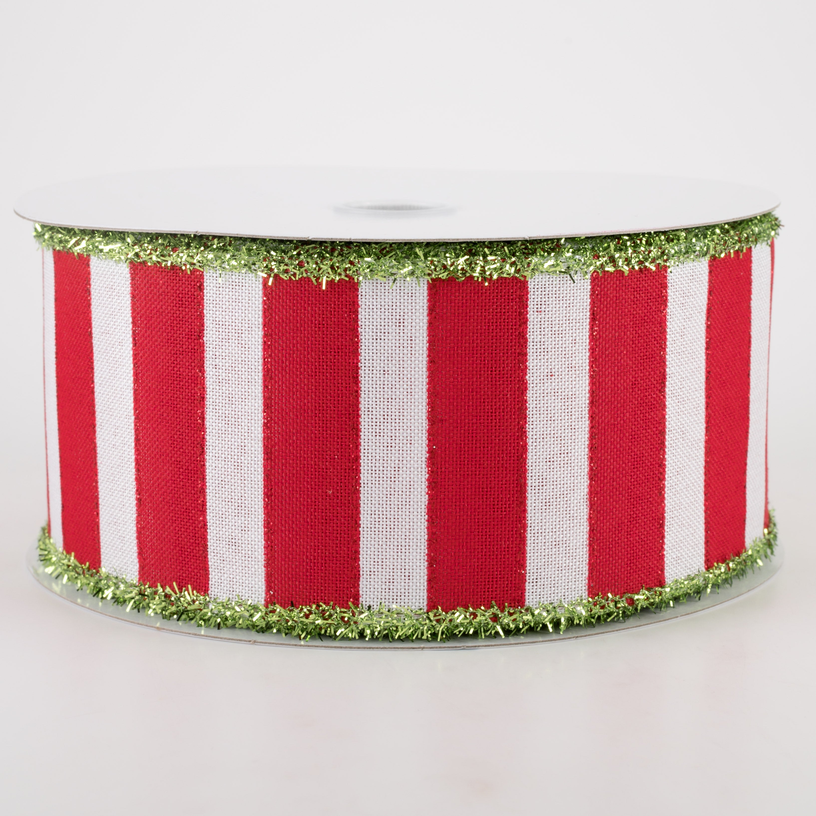 2.5" Red & White Wide Strips Ribbon W Green Tinsel Edge (10 Yards)