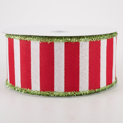 2.5" Red & White Wide Strips Ribbon W Green Tinsel Edge (10 Yards)