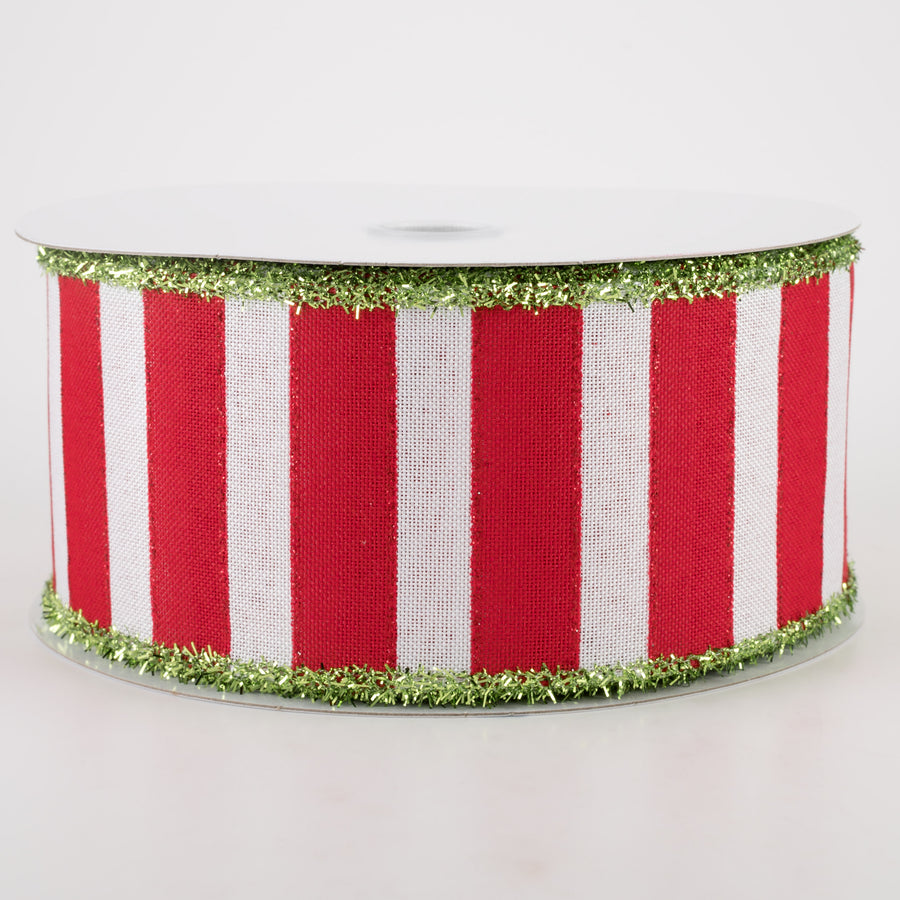 2.5" Red & White Wide Strips Ribbon W Green Tinsel Edge (10 Yards)