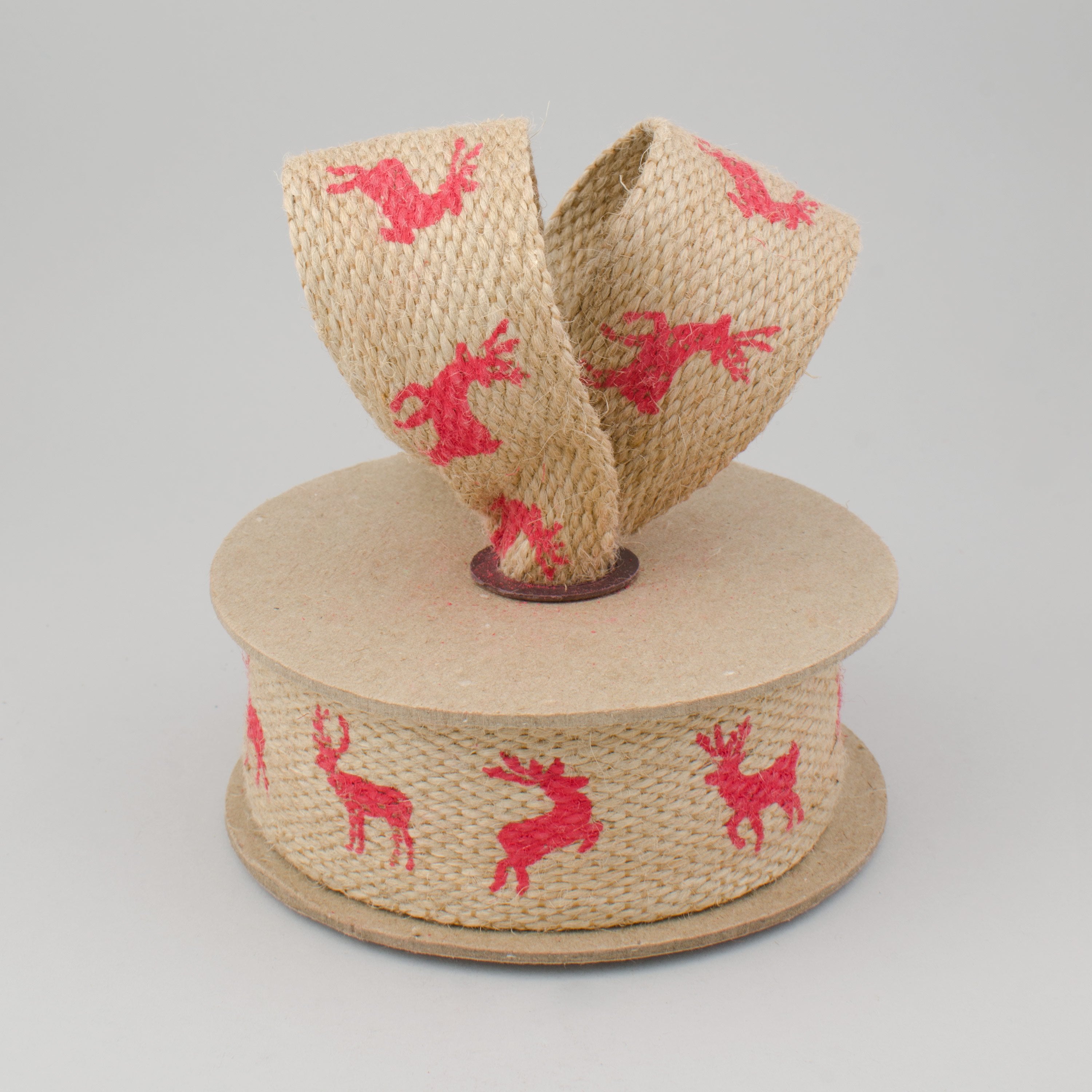 1.5" Reindeer Print Jute Ribbon: Natural & Red (5 Yards) Lifestyle Photo