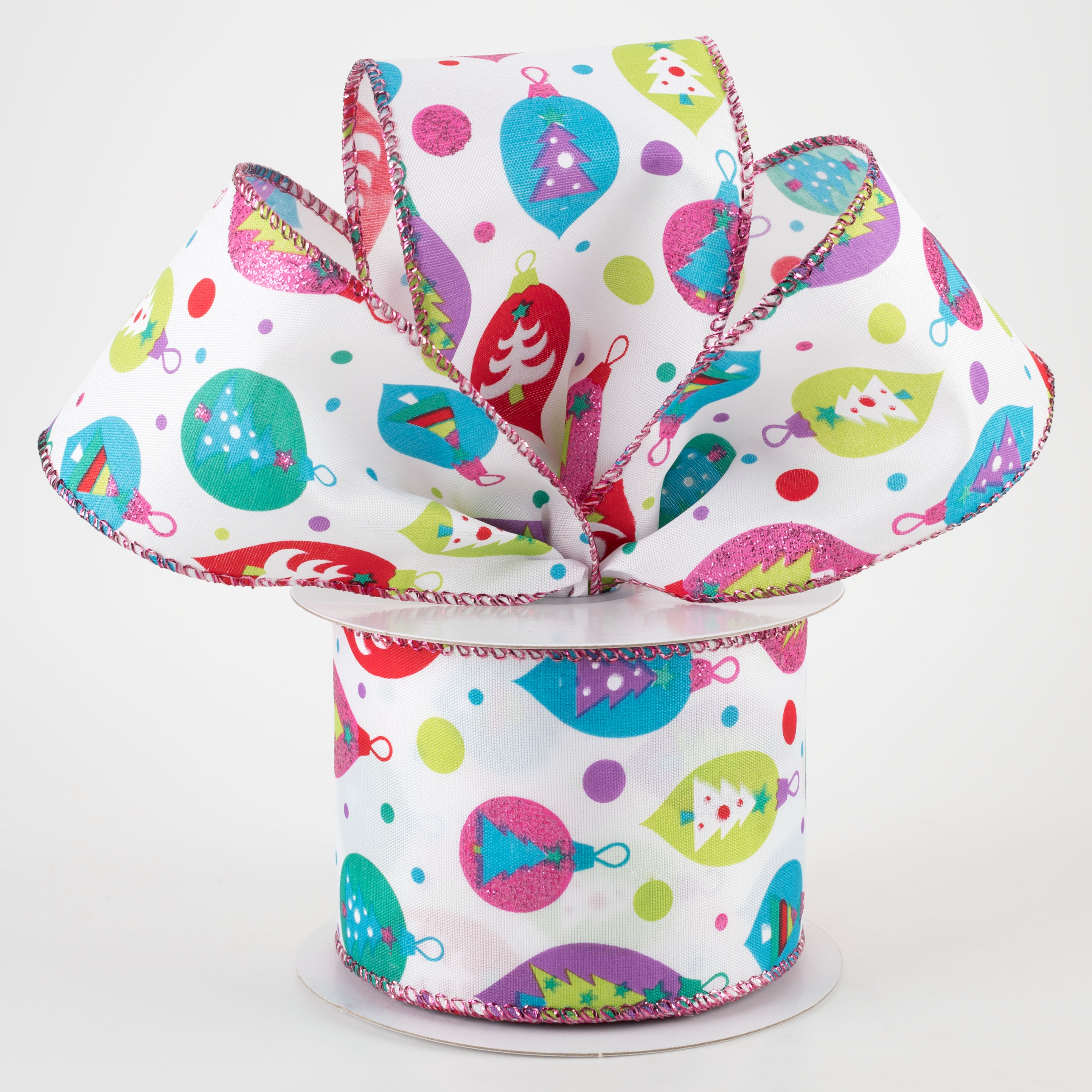 2.5" Retro Christmas Ornament Ribbon: Lime, Fuchsia, Turquoise (10 Yards) Lifestyle Photo