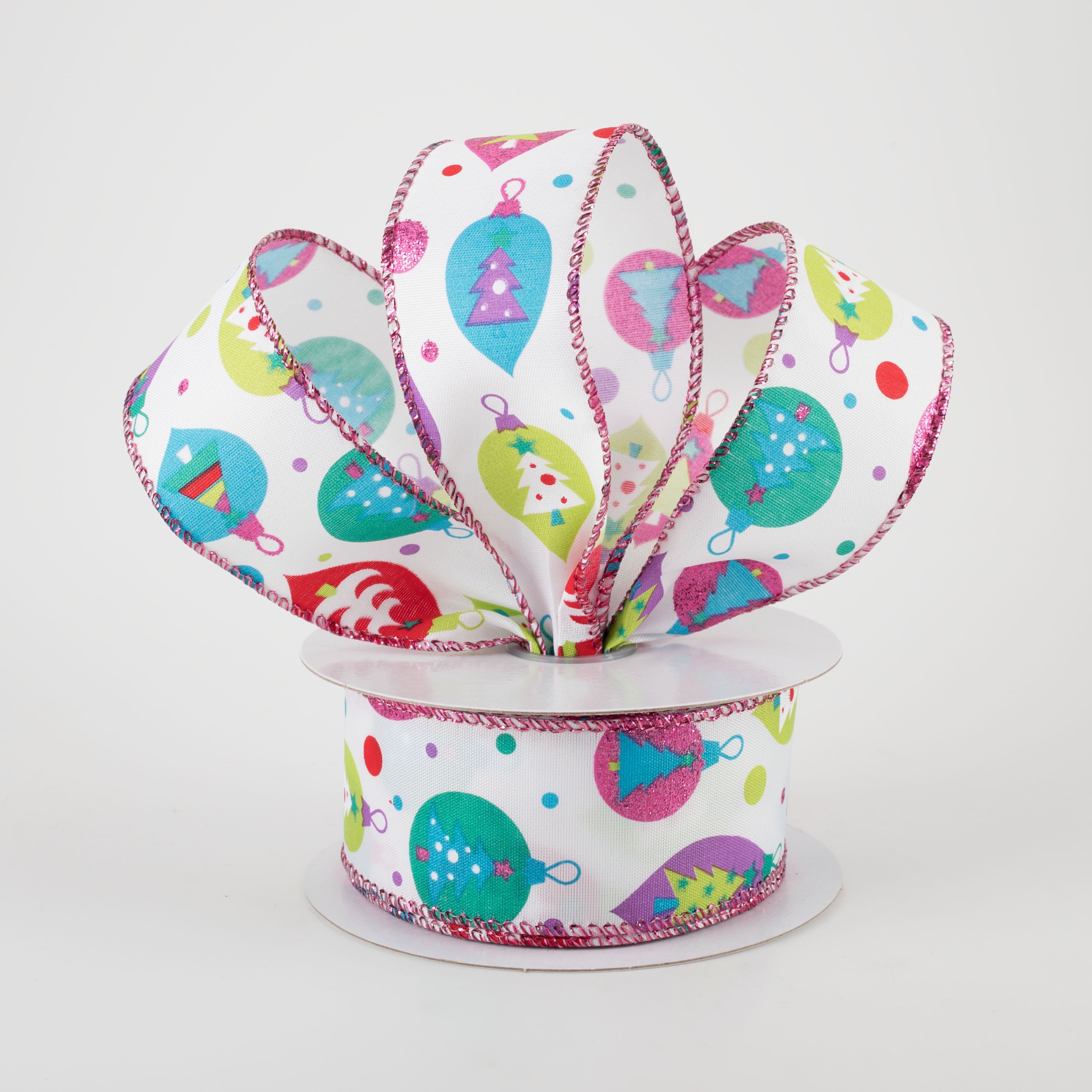 1.5" Retro Christmas Ornament Ribbon: Lime, Fuchsia, Turquoise (10 Yards) Lifestyle Photo