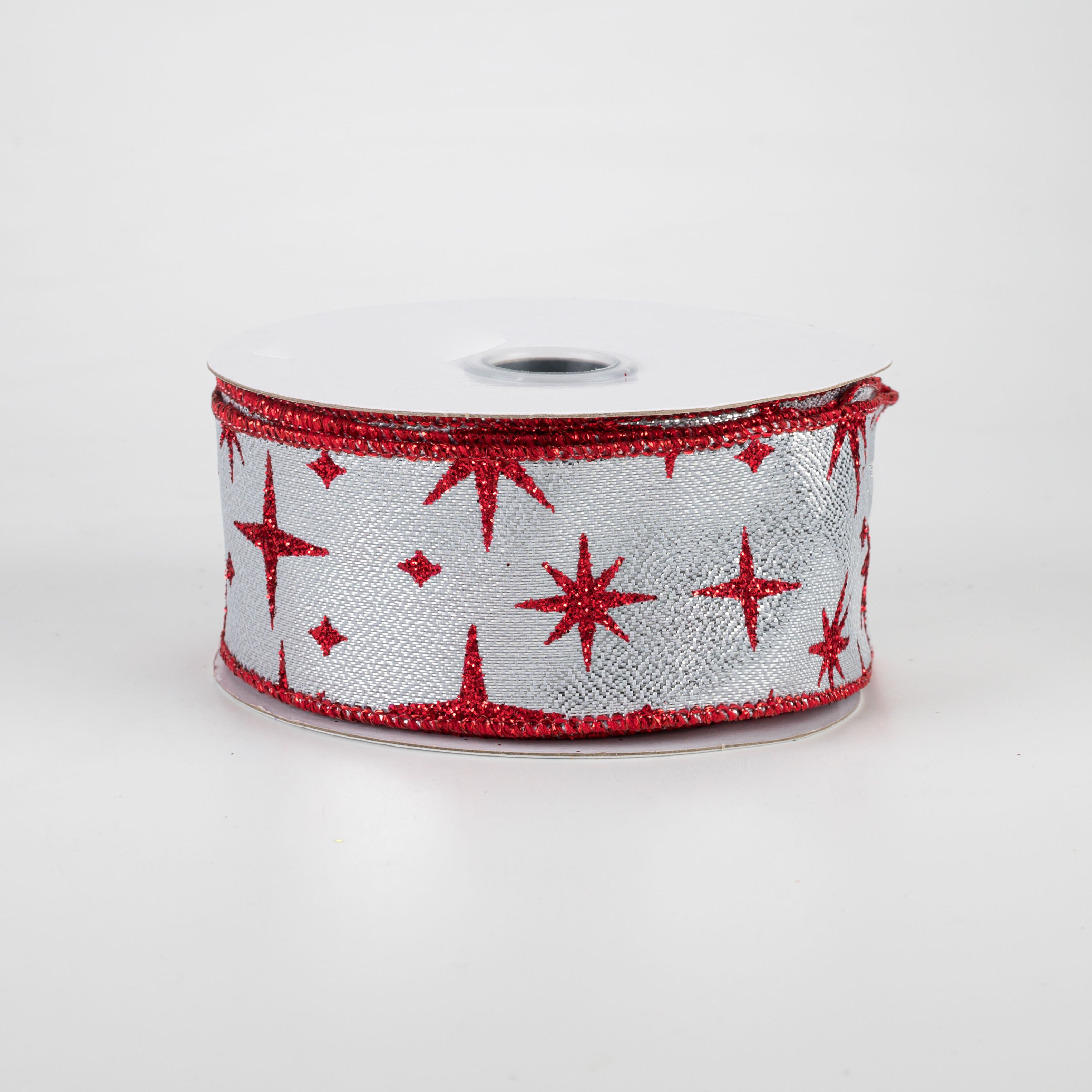 1.5" Retro Stars Ribbon: Silver & Red (10 Yards)
