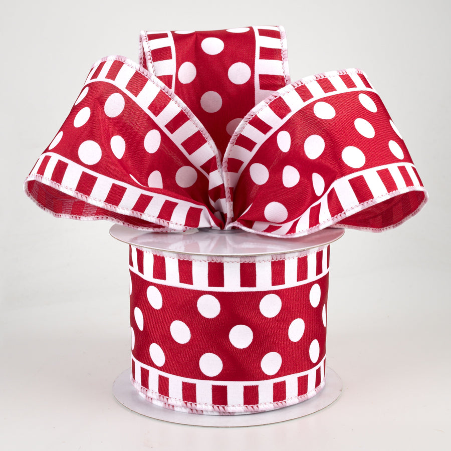 2.5" Dots & Stripes Satin Ribbon: Crimson Red & White (10 Yards)
