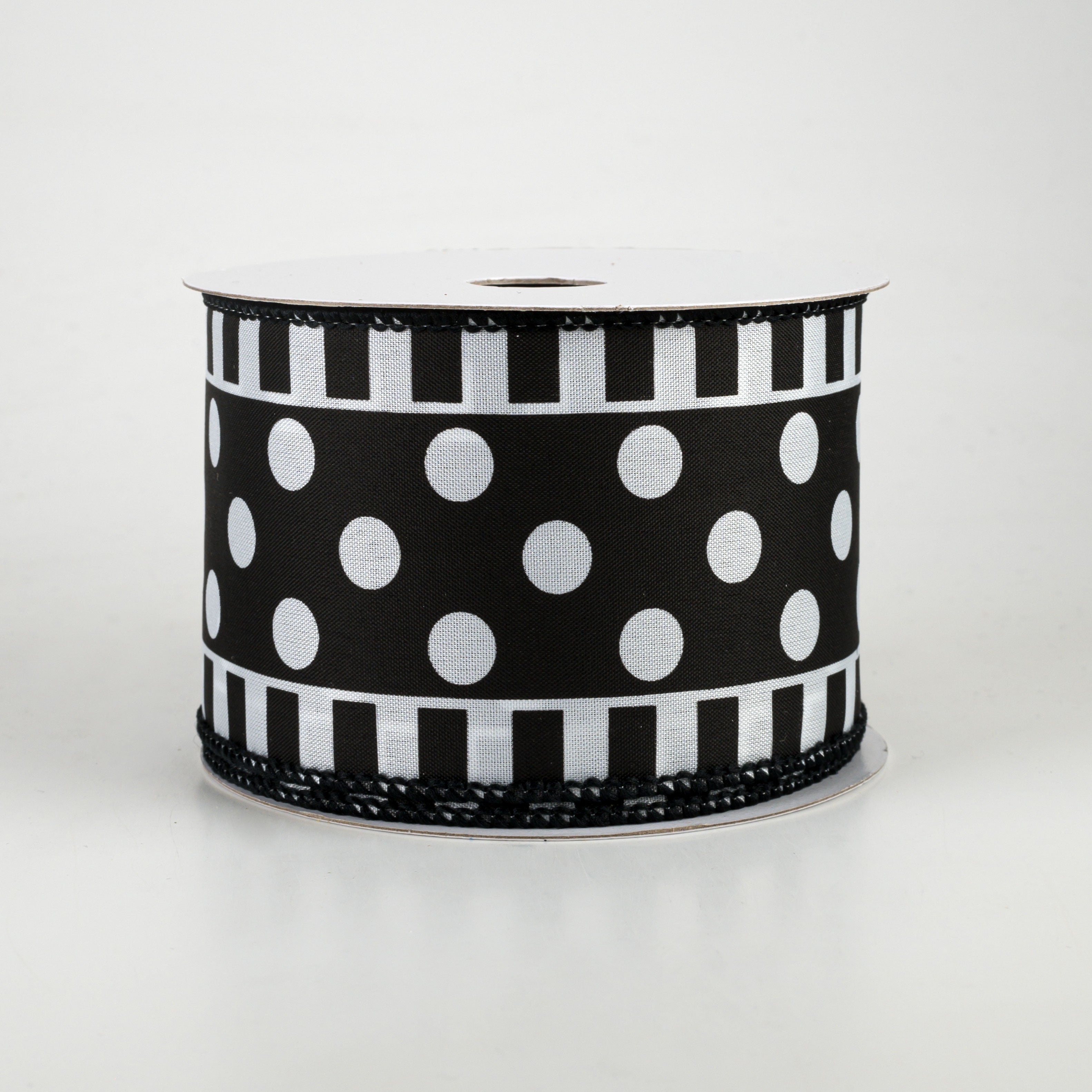 2.5" Dots & Stripes Satin Ribbon: White & Black (10 Yards)