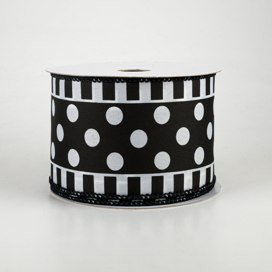2.5" Dots & Stripes Satin Ribbon: White & Black (10 Yards)