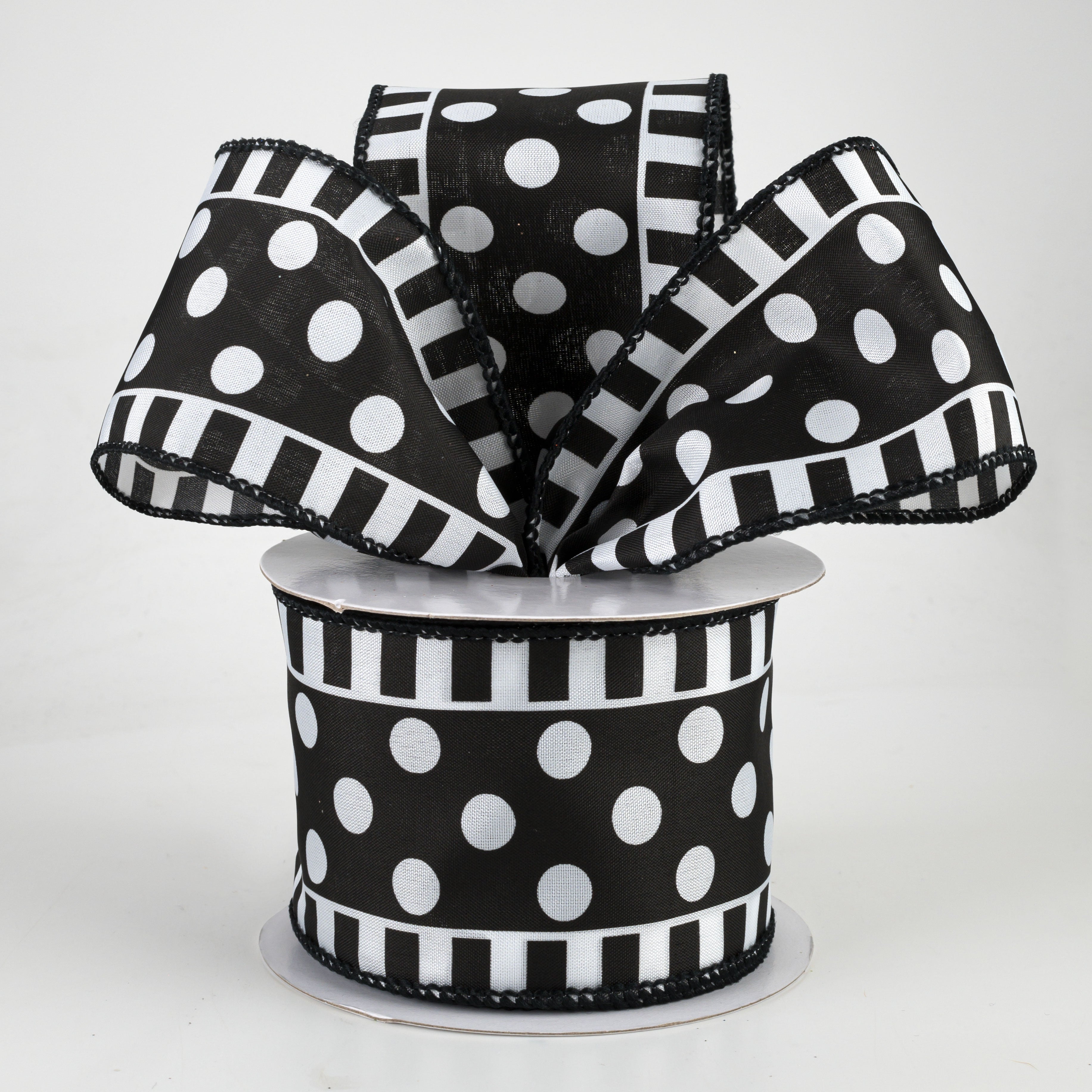 2.5" Dots & Stripes Satin Ribbon: White & Black (10 Yards)