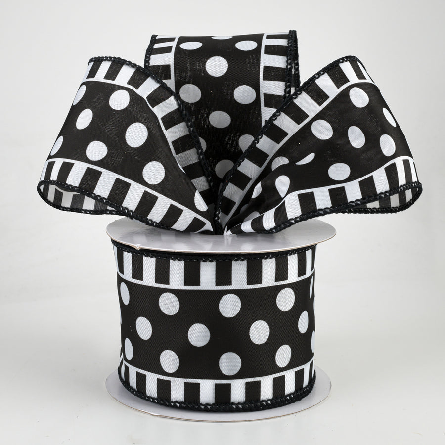 2.5" Dots & Stripes Satin Ribbon: White & Black (10 Yards)