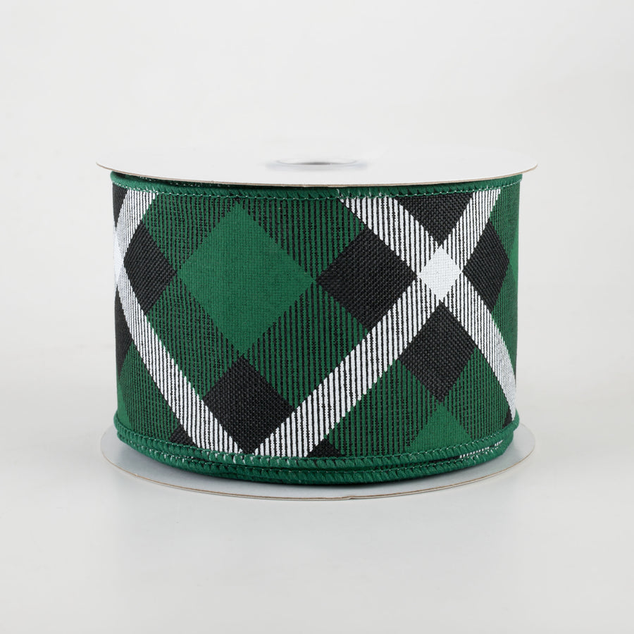 2.5" Printed Plaid Ribbon: Black, Green, White (10 Yards)