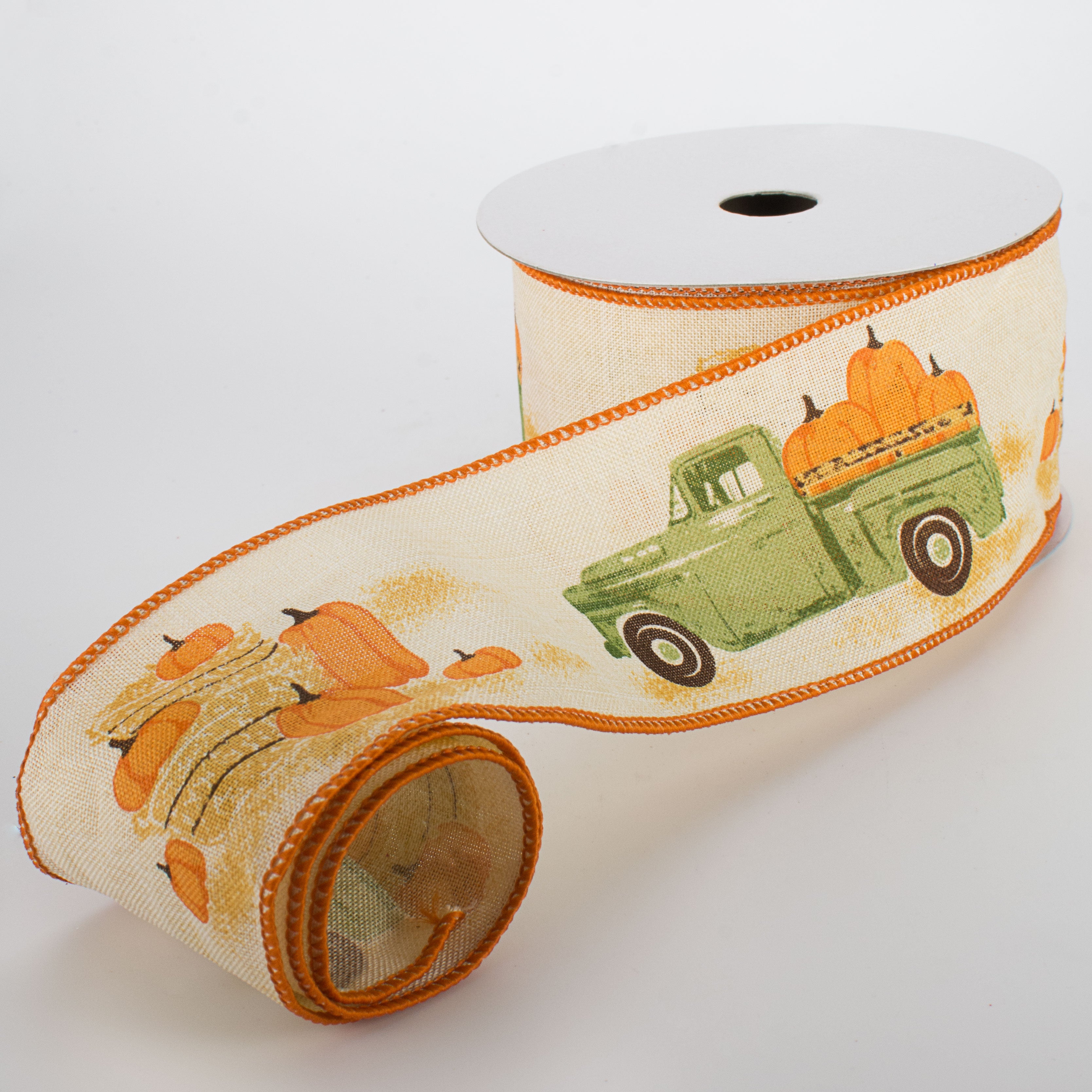 2.5" Vintage Truck With Pumpkins Ribbon: Cream & Green (10 Yards)