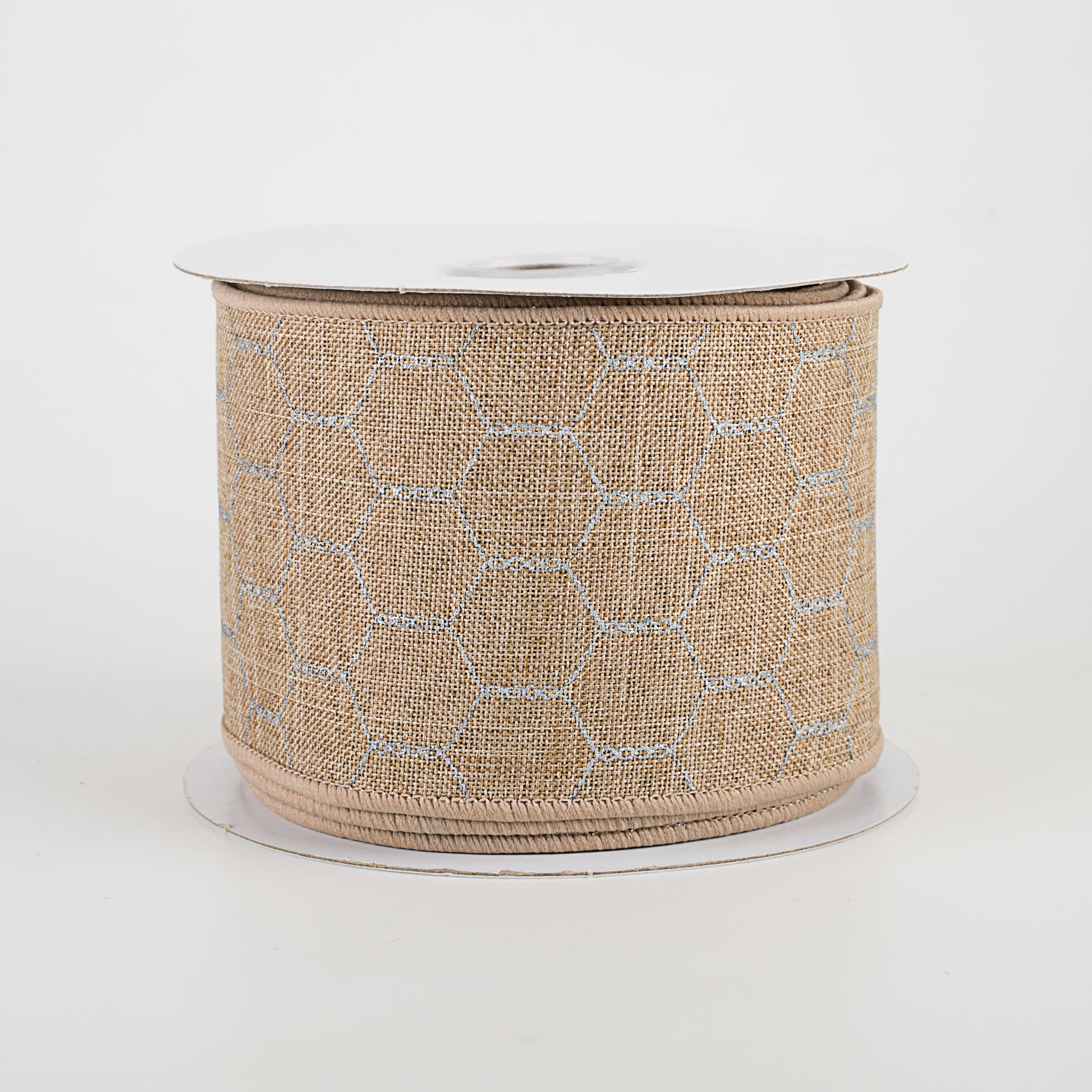 2.5" Chicken Wire Ribbon: Light Beige & Silver Grey (10 Yards)