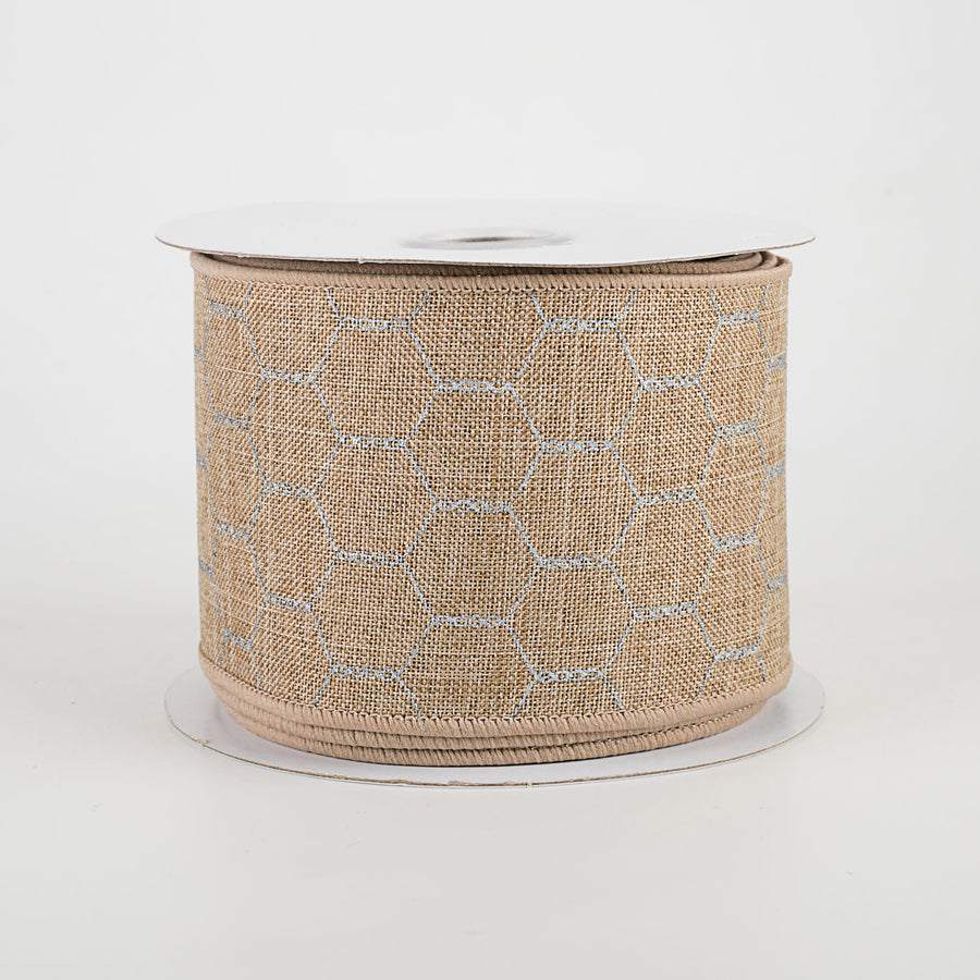2.5" Chicken Wire Ribbon: Light Beige & Silver Grey (10 Yards)