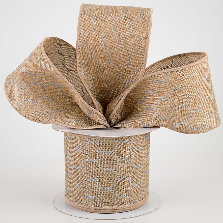 2.5" Chicken Wire Ribbon: Light Beige & Silver Grey (10 Yards)