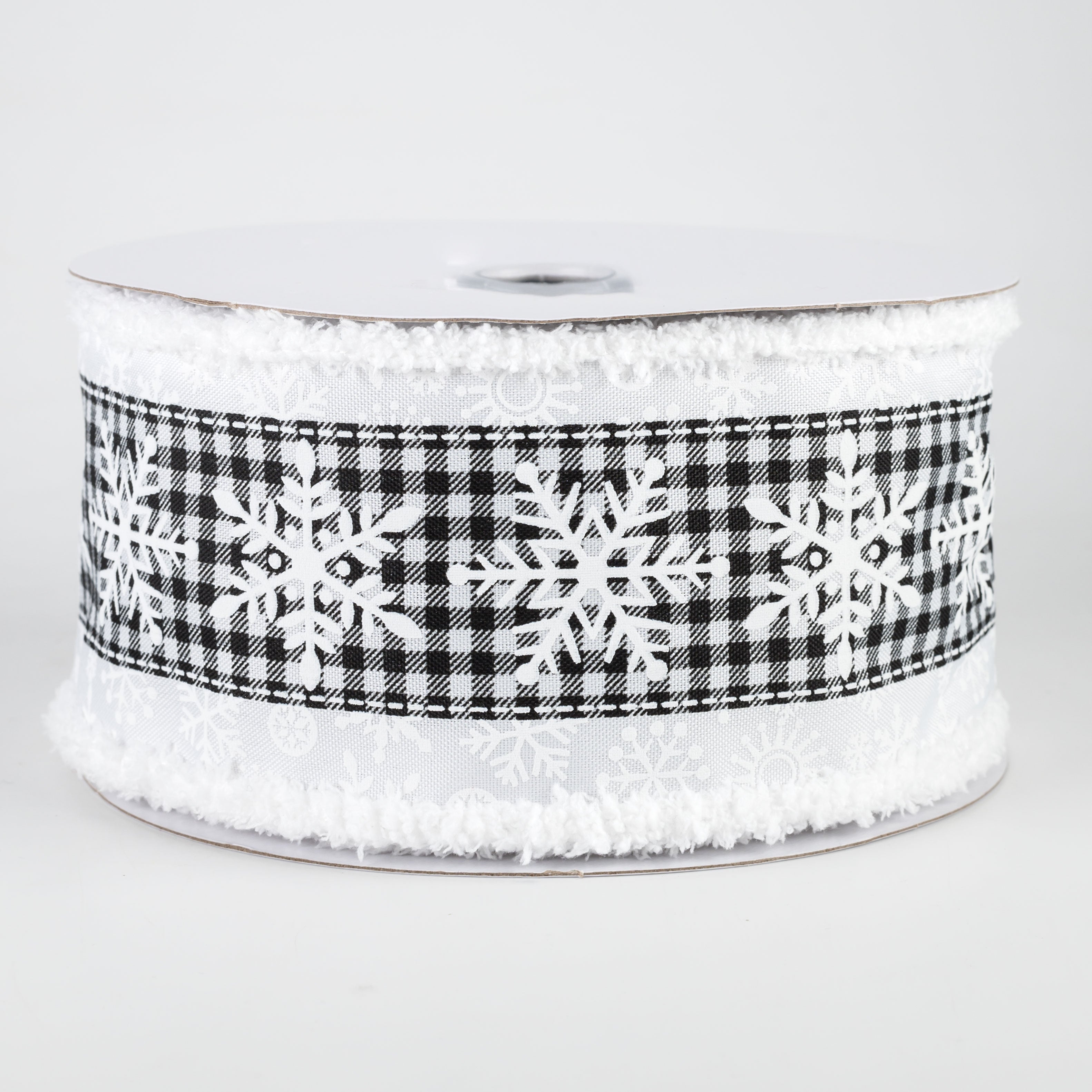 2.5" Snowflake On Check Fuzzy Edge Ribbon: White & Black (10 Yards)