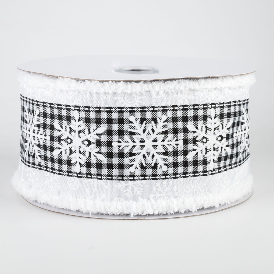 2.5" Snowflake On Check Fuzzy Edge Ribbon: White & Black (10 Yards)