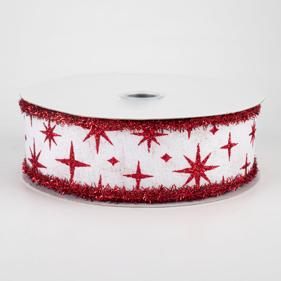 1.5" Retro Stars Tinsel Edge Ribbon: White & Red (10 Yards)