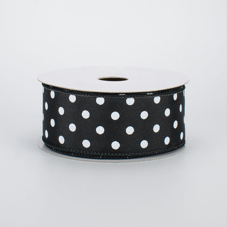 1.5" White Polka Dot Ribbon: Black (10 Yards)