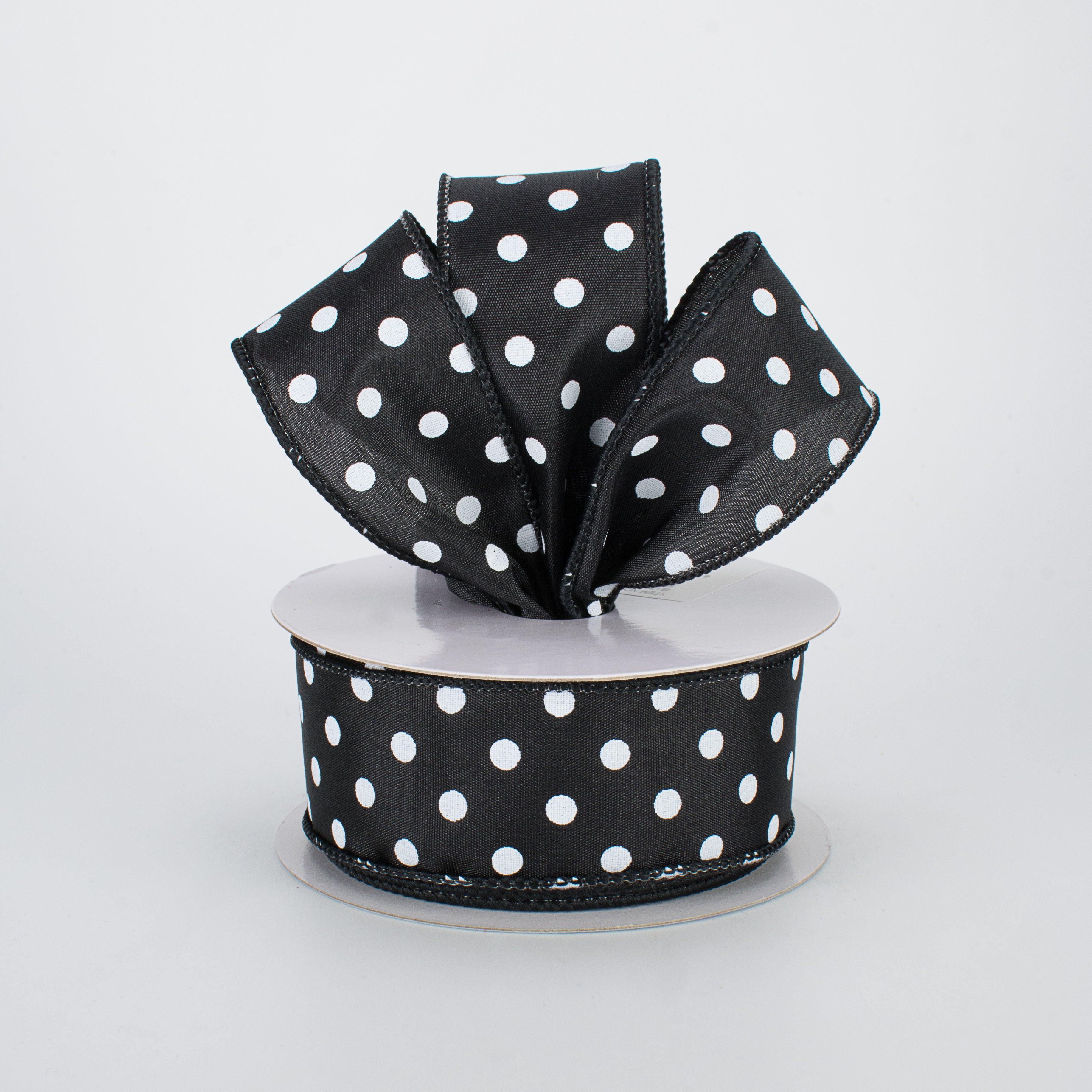 1.5" White Polka Dot Ribbon: Black (10 Yards)
