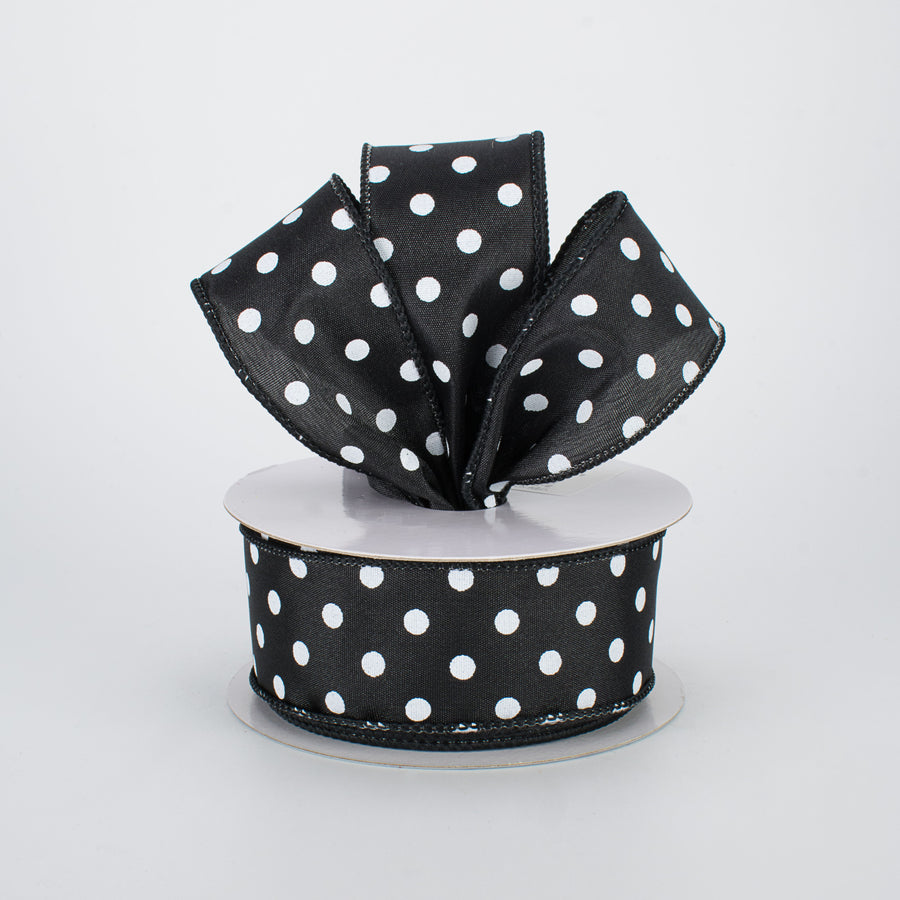 1.5" White Polka Dot Ribbon: Black (10 Yards)