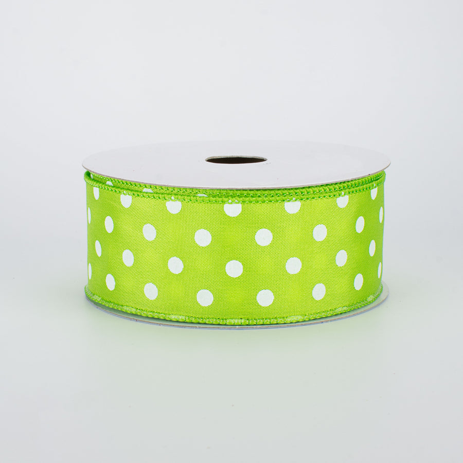 1.5" White Polka Dot Ribbon: Lime Green (10 Yards)
