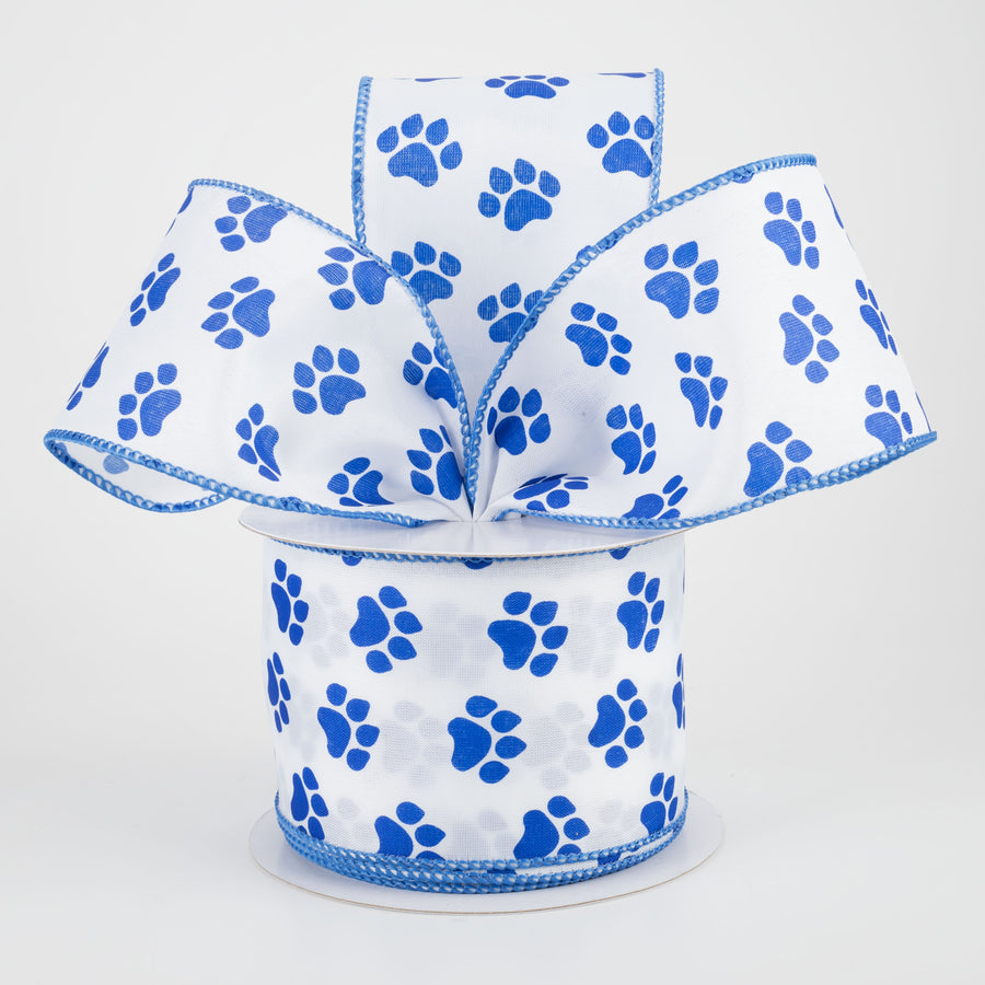2.5" Satin Paw Print Ribbon: Blue & White (10 Yards)