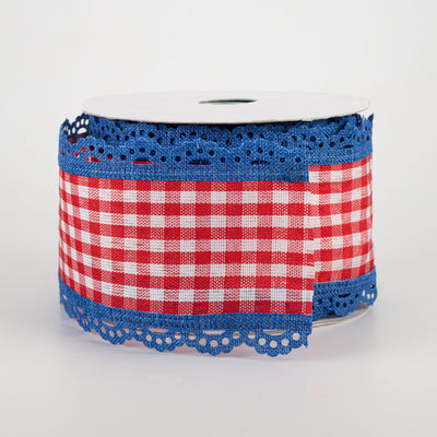 2.5" Gingham Scalloped Edge Ribbon: Red, White, Blue (10 Yards)
