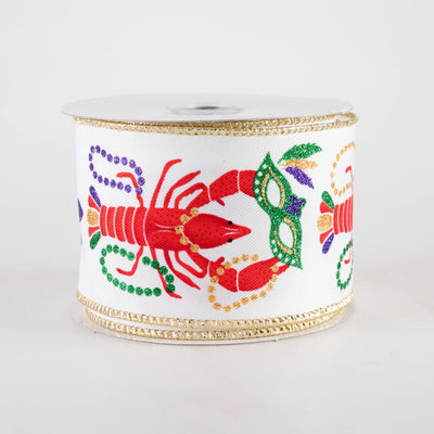 2.5" Mardi Gras Crawfish Ribbon: White (10 Yards)