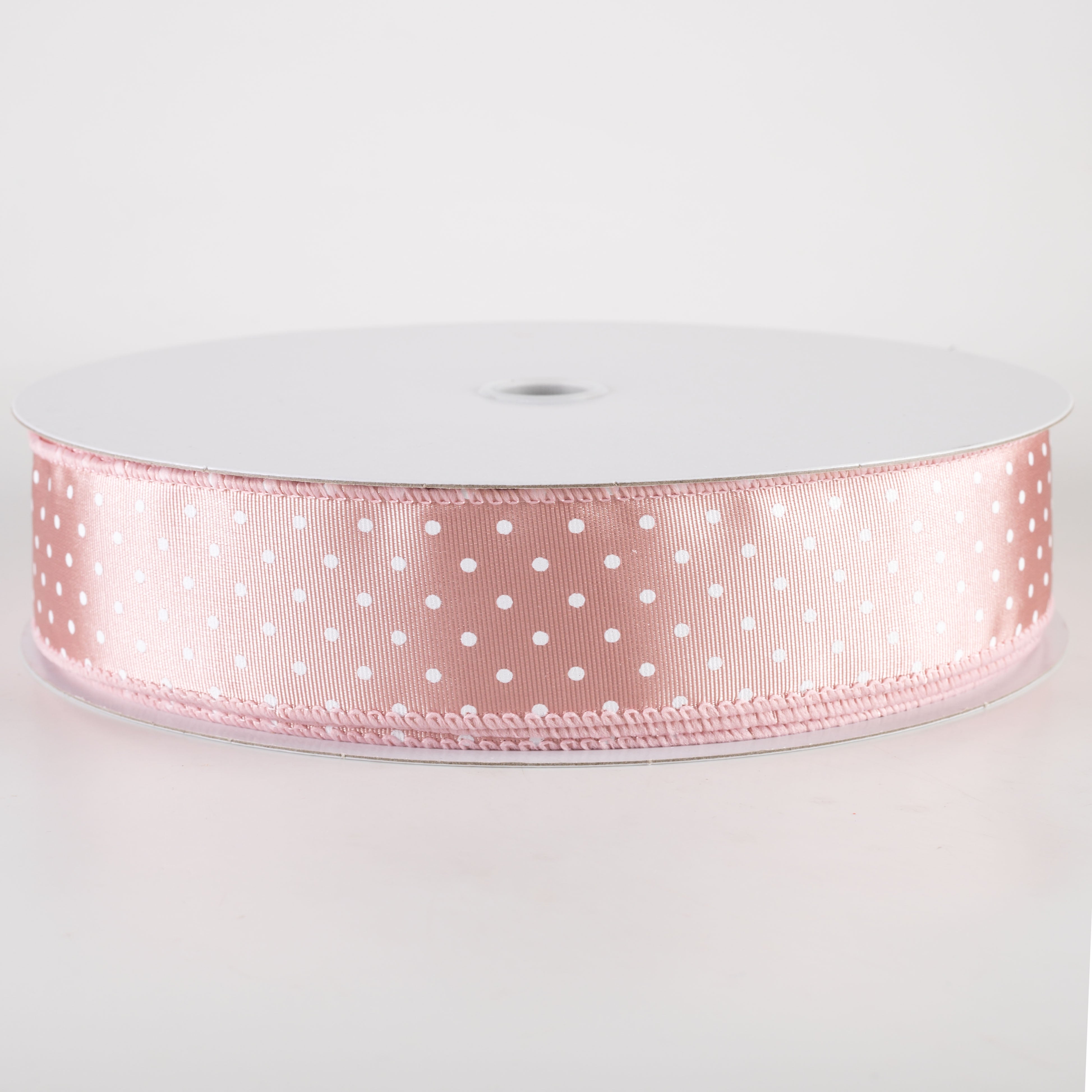 1.5" Ribbed Satin & White Microdots: Blush Pink (50 Yards)