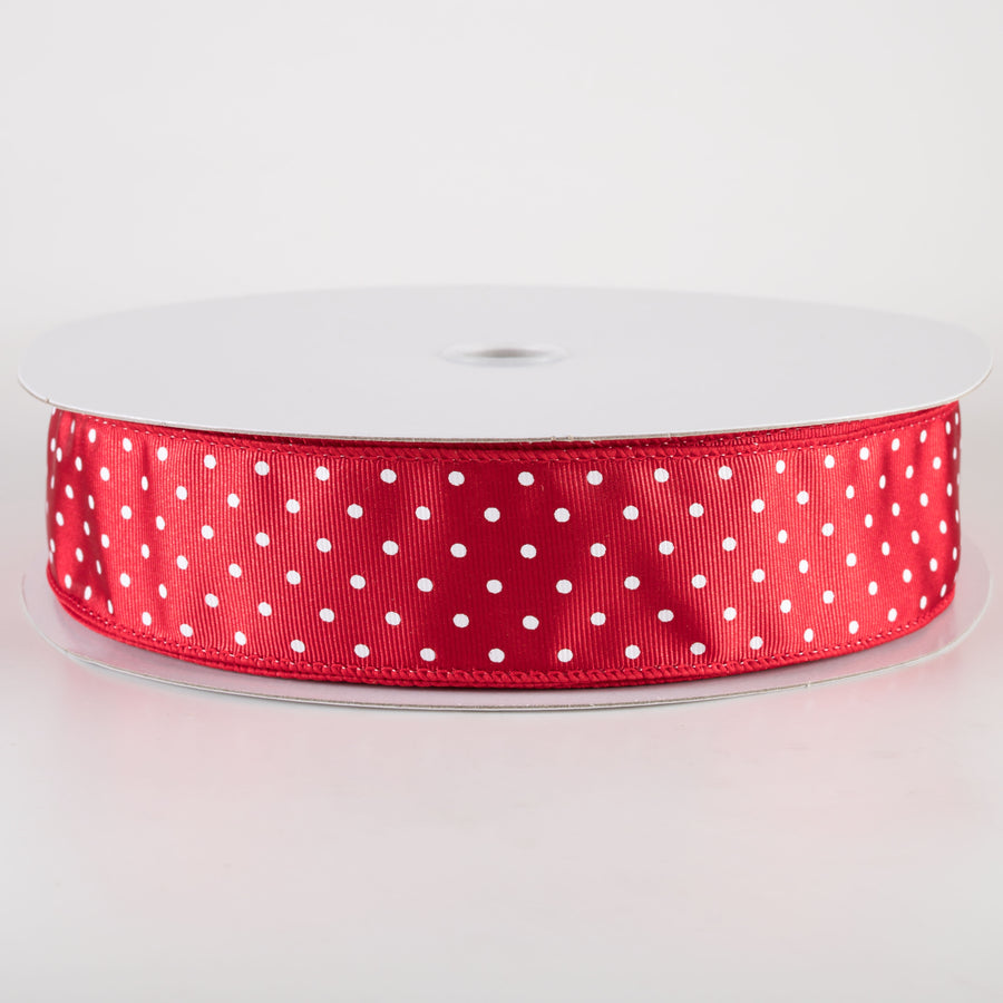 1.5" Ribbed Satin & White Microdots: Red (50 Yards)