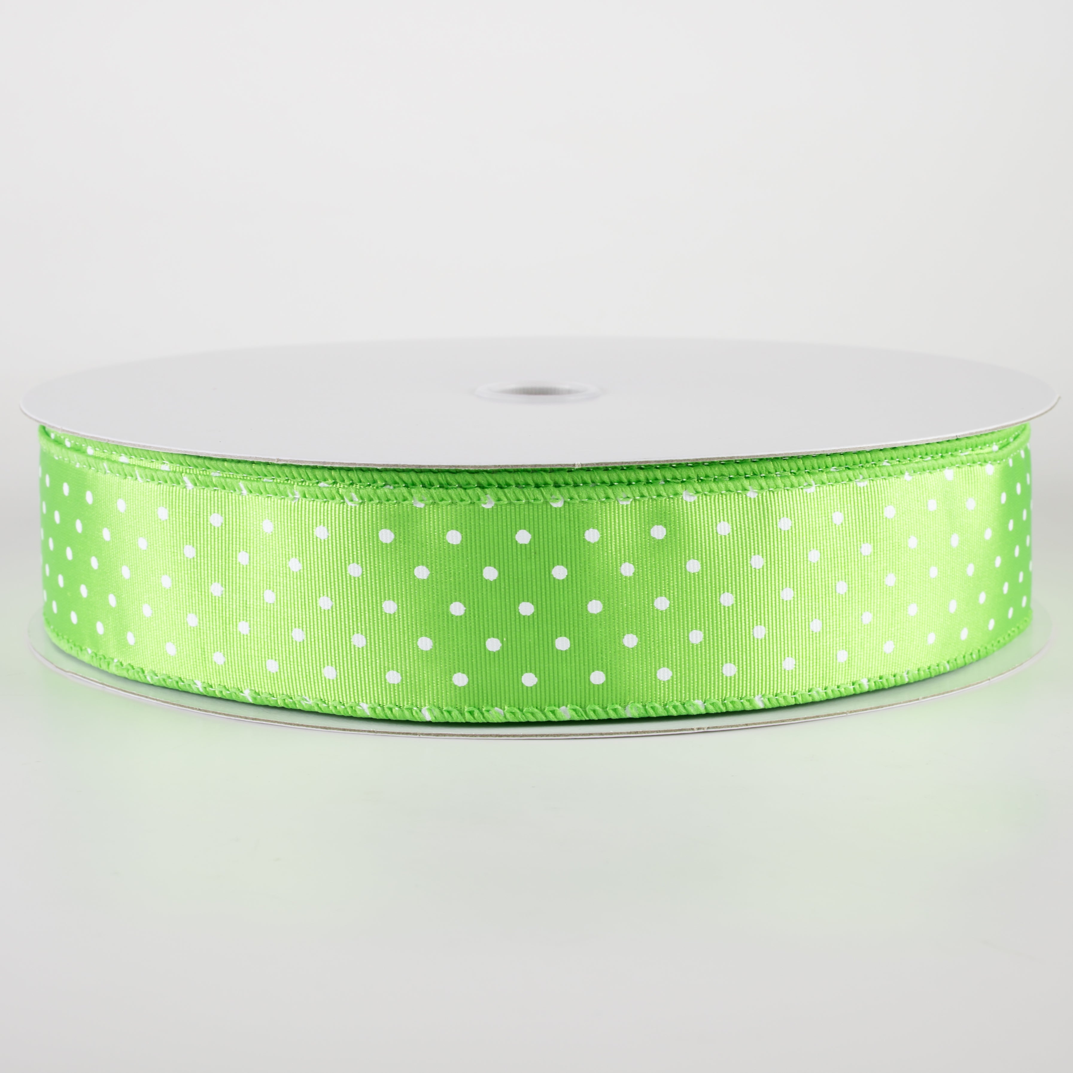 1.5" Ribbed Satin & White Microdots Ribbon: Lime Green (50 Yards)