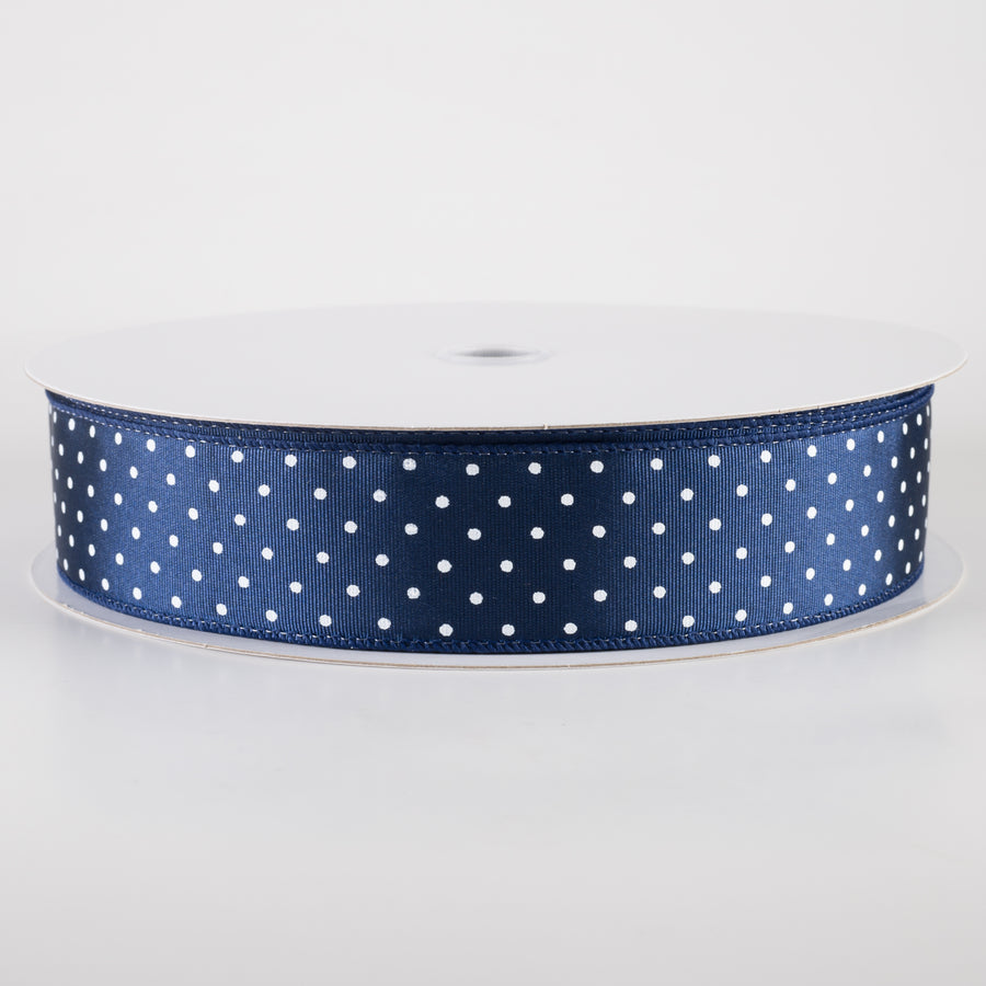 1.5" Ribbed Satin & White Microdots Ribbon: Navy Blue (50 Yards)
