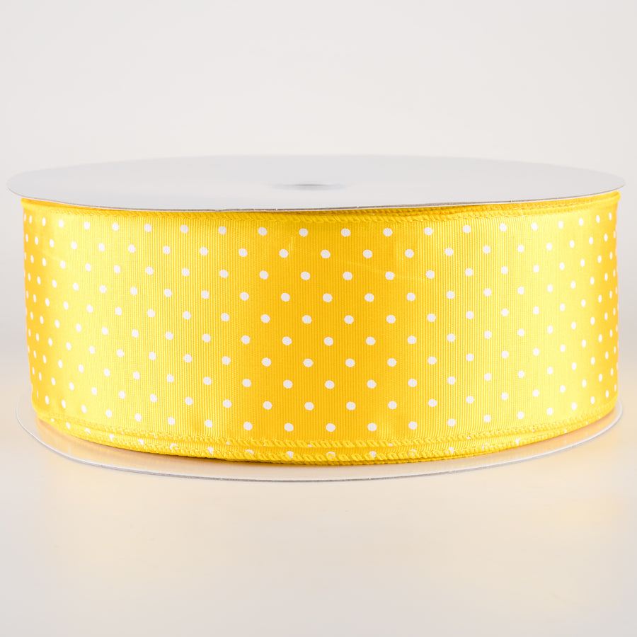 2.5" Ribbed Satin & White Microdots Ribbon: Yellow (50 Yards)