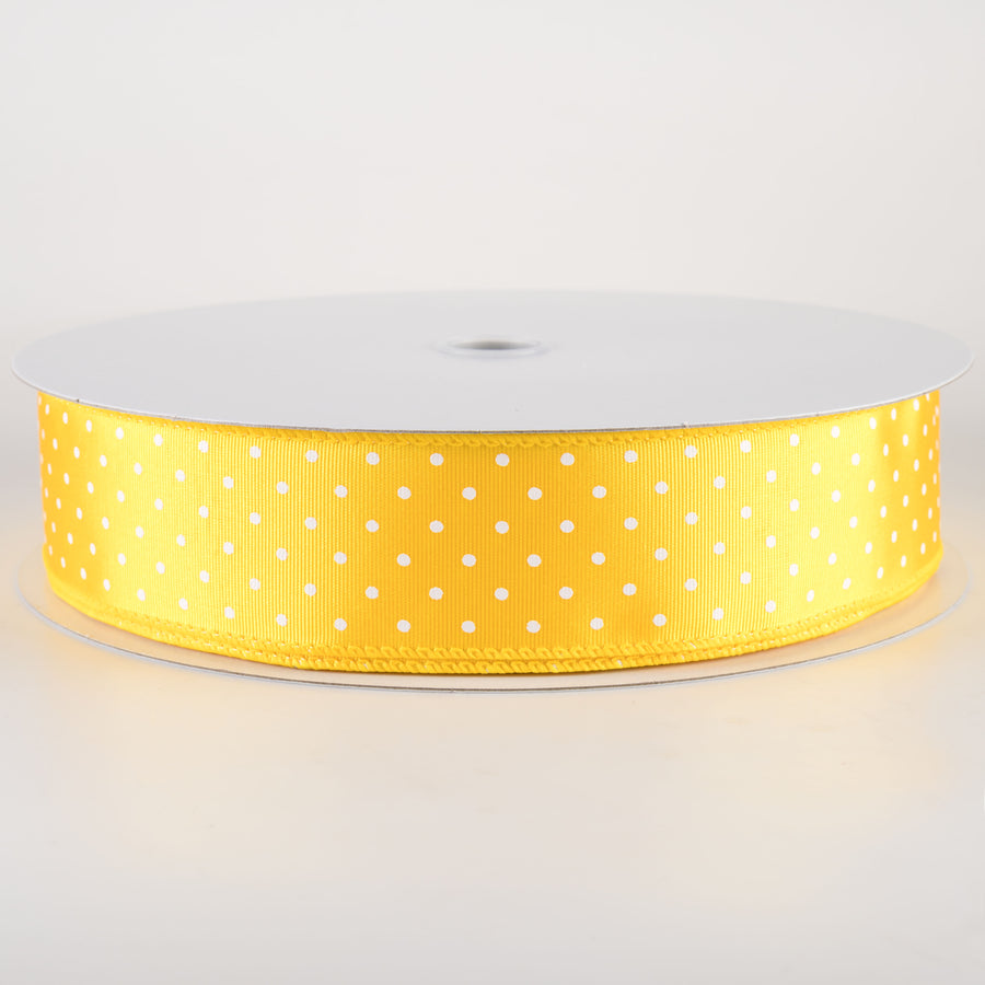 1.5" Ribbed Satin & White Microdots: Yellow (50 Yards)