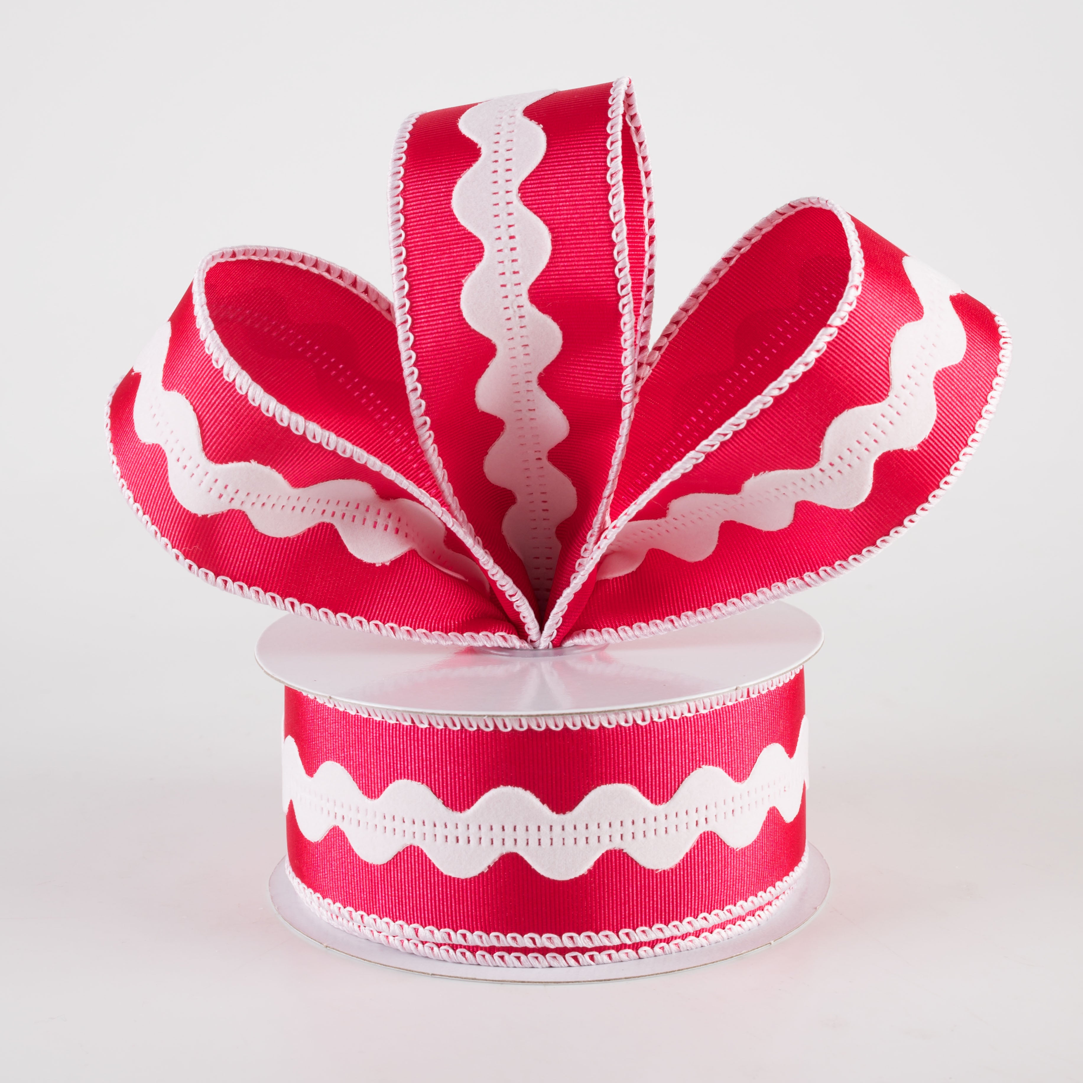 1.5" Ric Rac Center Ribbed Satin Ribbon: Fuchsia Pink & White (10 Yards) Lifestyle Photo