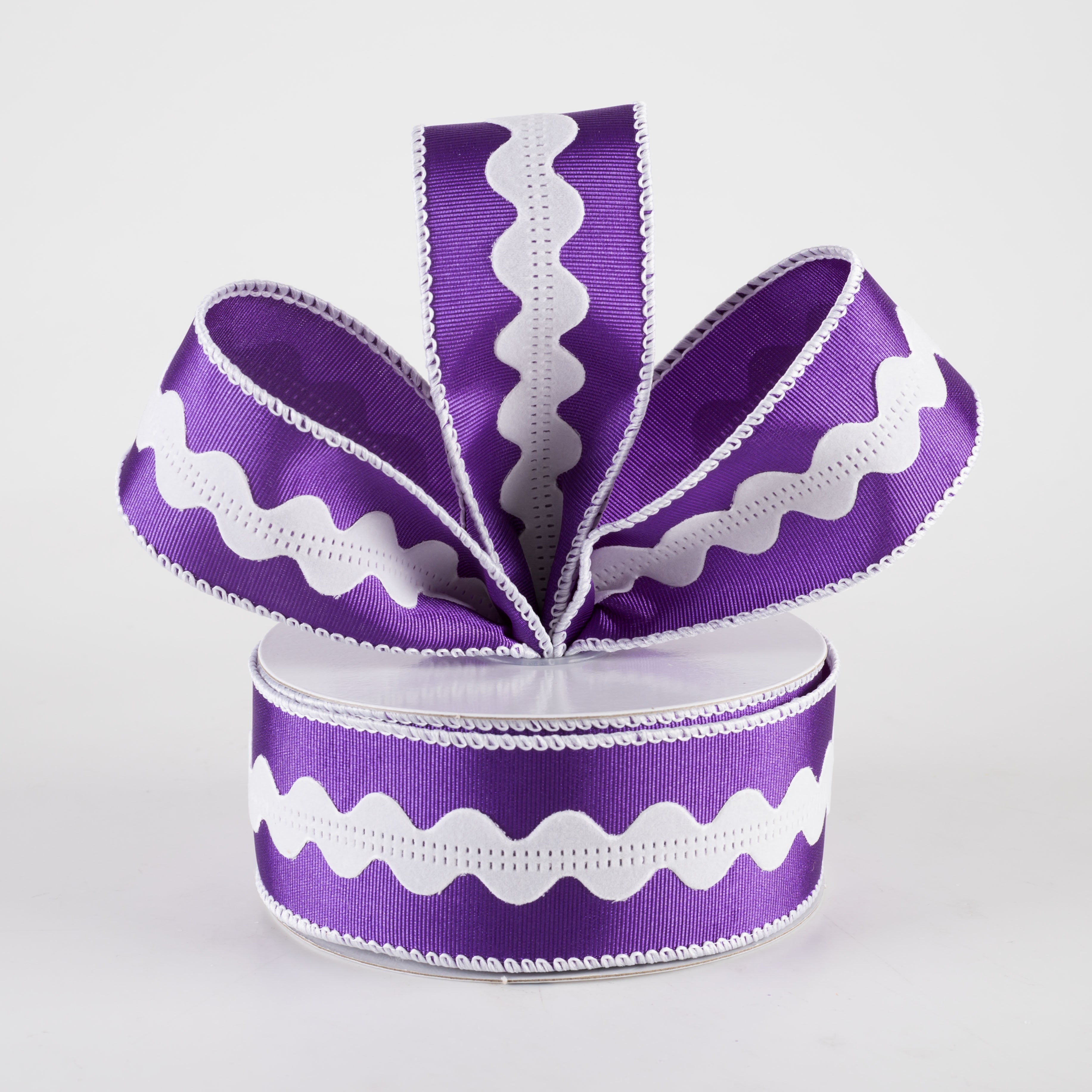 1.5" Ric Rac Center Ribbed Satin Ribbon: Purple & White (10 Yards) Lifestyle Photo