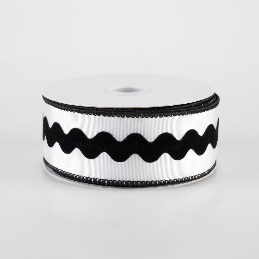 1.5" Ric Rac Center Ribbed Satin Ribbon: White & Black (10 Yards)
