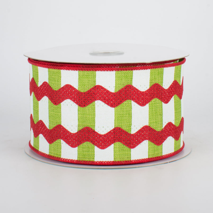 2.5" Ric Rac On Stripes Ribbon: Lime, White, Red (10 Yards)