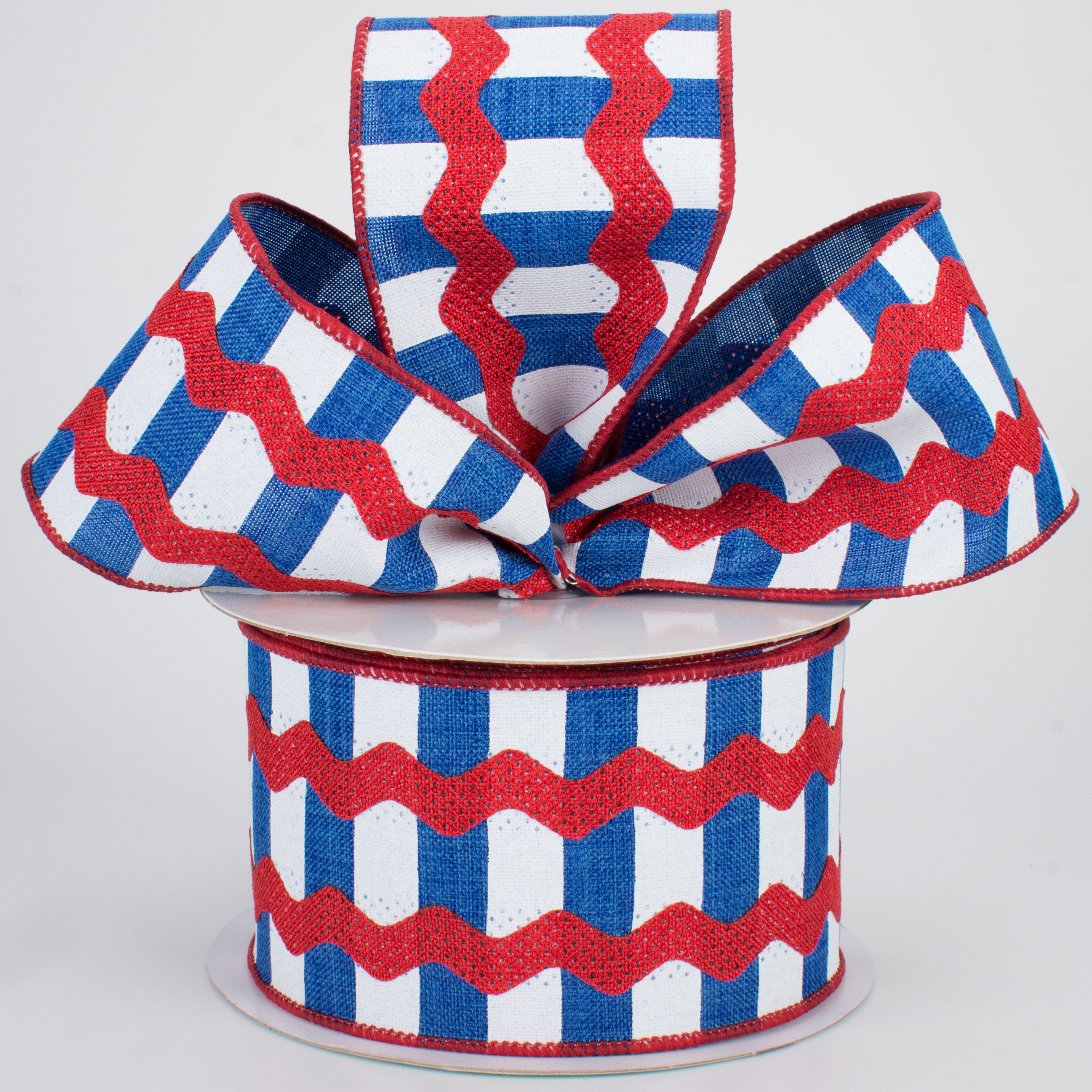 2.5" Ric Rac On Stripes Ribbon: Royal Blue, White, Red (10 Yards) Lifestyle Photo