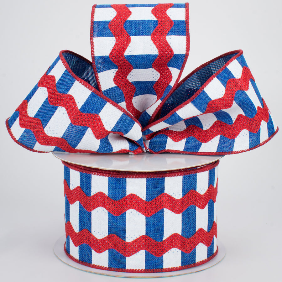 2.5" Ric Rac On Stripes Ribbon: Royal Blue, White, Red (10 Yards) Lifestyle Photo