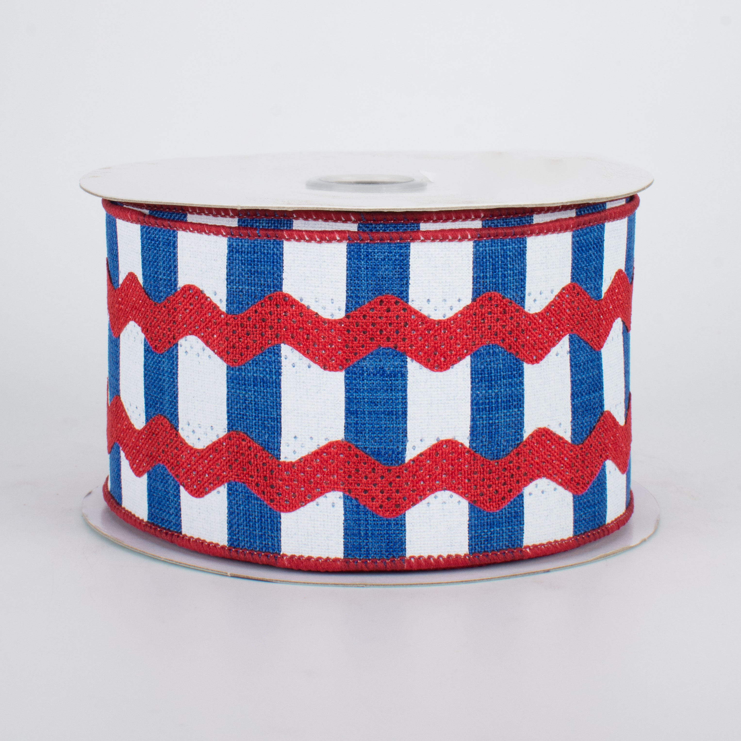 2.5" Ric Rac On Stripes Ribbon: Royal Blue, White, Red (10 Yards)