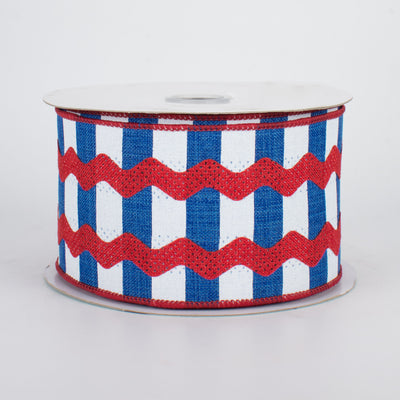 2.5" Ric Rac On Stripes Ribbon: Royal Blue, White, Red (10 Yards)