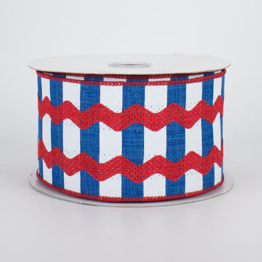 2.5" Ric Rac On Stripes Ribbon: Royal Blue, White, Red (10 Yards)