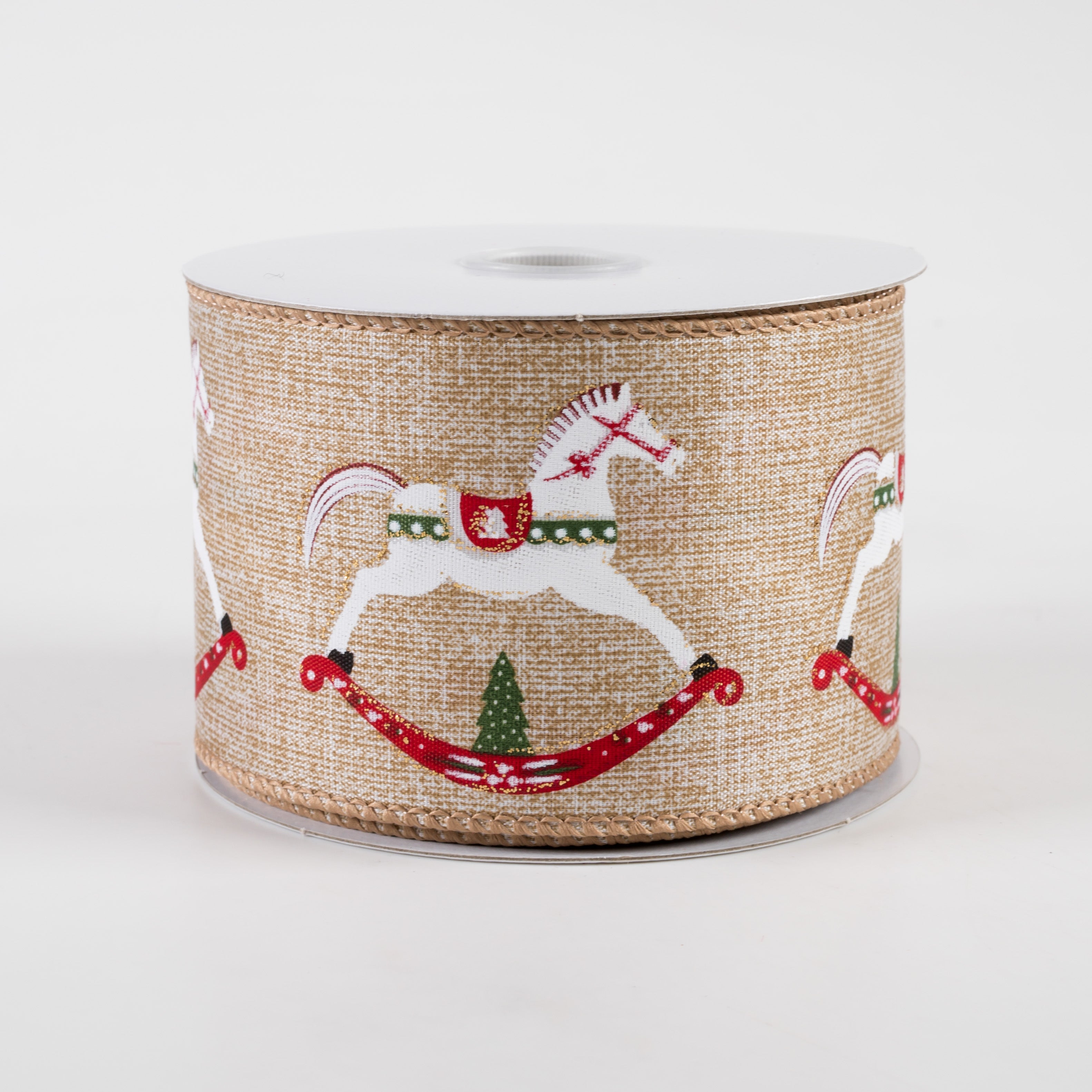 2.5" Rocking Horse Linen Ribbon: Natural, Red, Green (10 Yards) Item Number: 72203-40-17